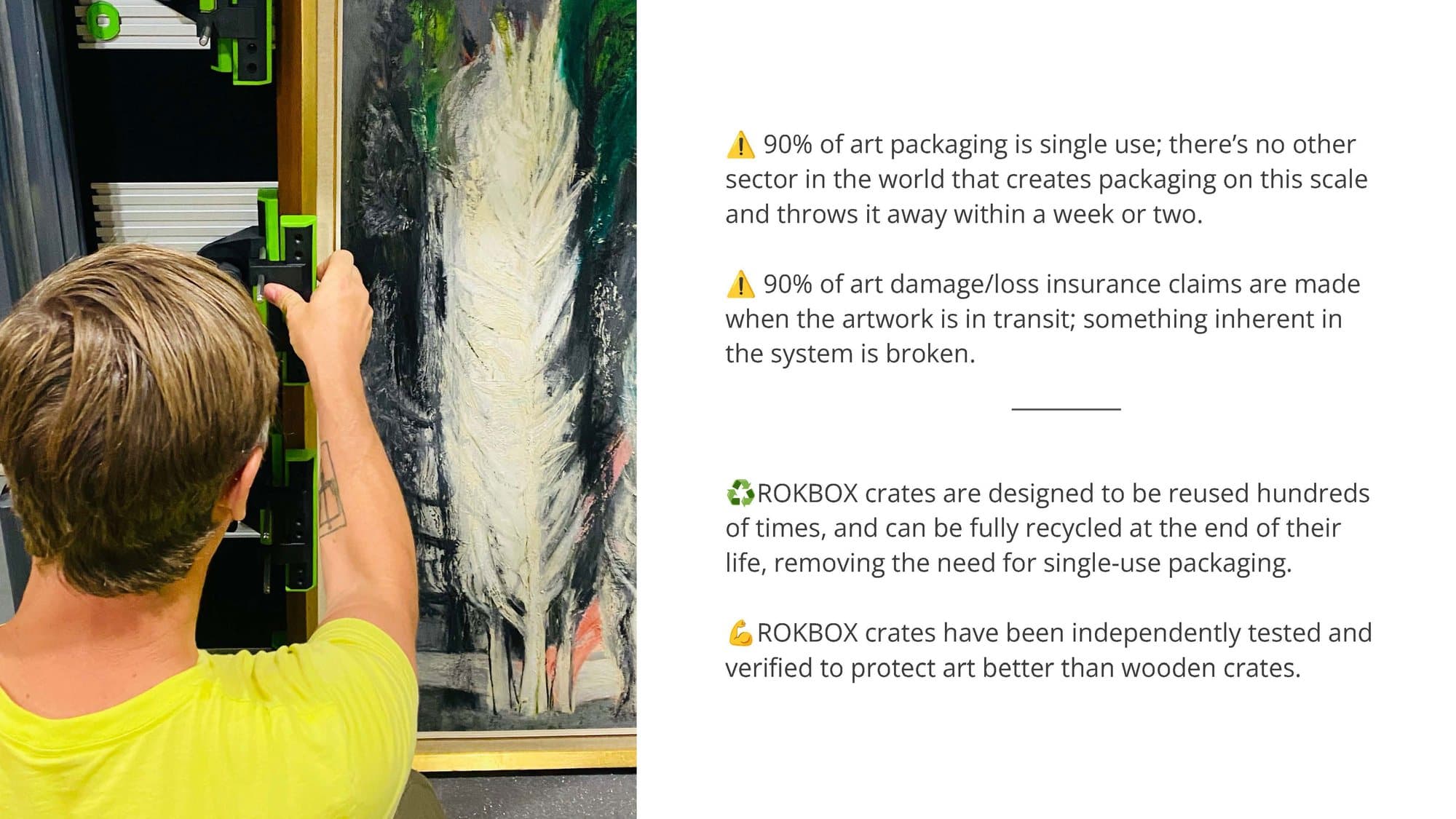 90% of art packaging is single use; there's no other sector in the world that creates packaging on this scale and throws it away within a week or two. 90% of art damage and loss insurance claims are made when the artwork is in transit; something inherent in the system is broken. ROKBOX crates are designed to be reused hundreds of times, and can be fully recycled at the end of their life, removing the need for single-use packaging. ROKBOX crates have been independently tested and verified to protect art better than wooden crates. Photo: a handler securing a large painting in a ROKBOX.