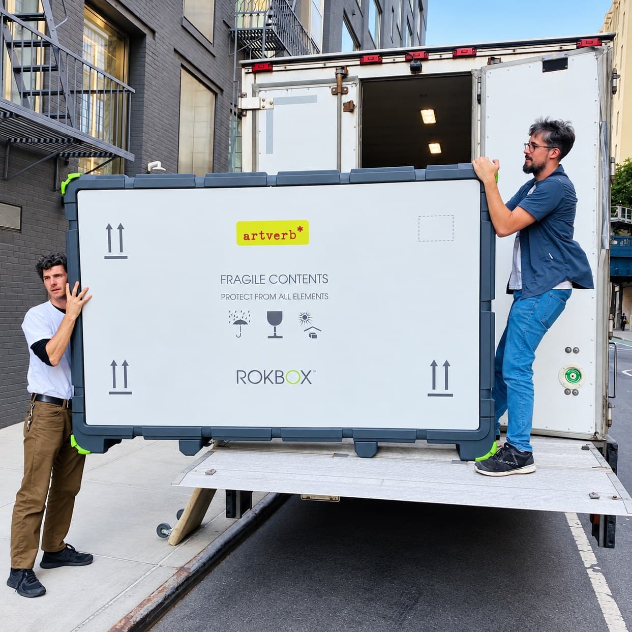Two crew members loading a ROKBOX LARGE onto the truck tailgate