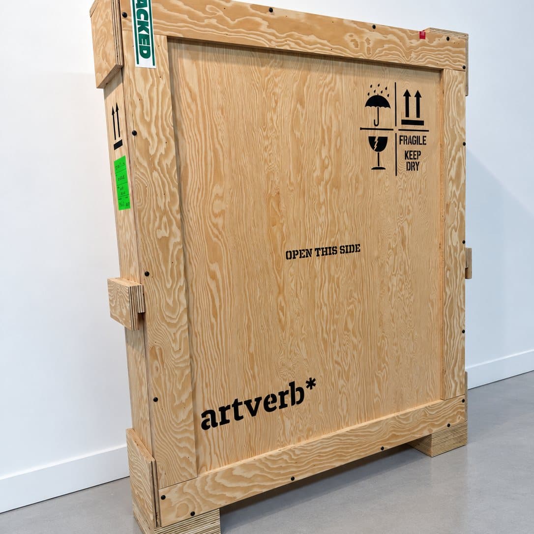 A finished ArtVerb crate standing upright, OPEN THIS SIDE marked