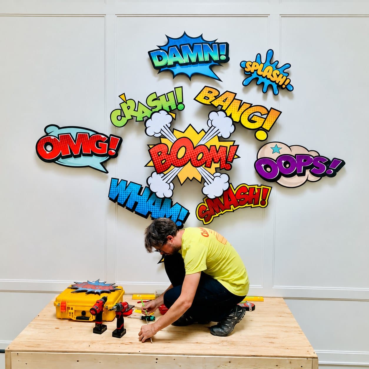 An installer at work under a comic-style wall installation
