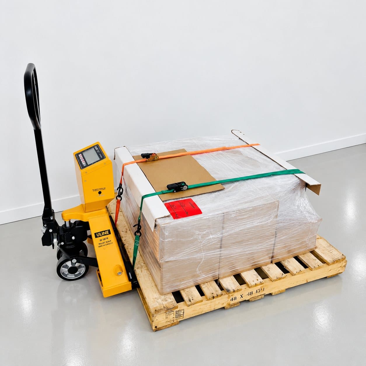 A palletized shipment strapped and wrapped beside a pallet scale