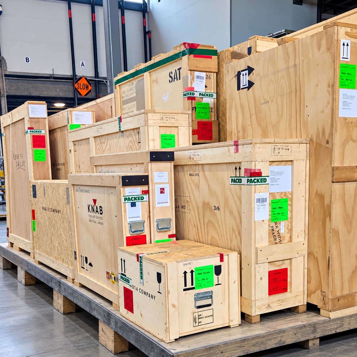 Labelled export crates lined up in the cargo warehouse