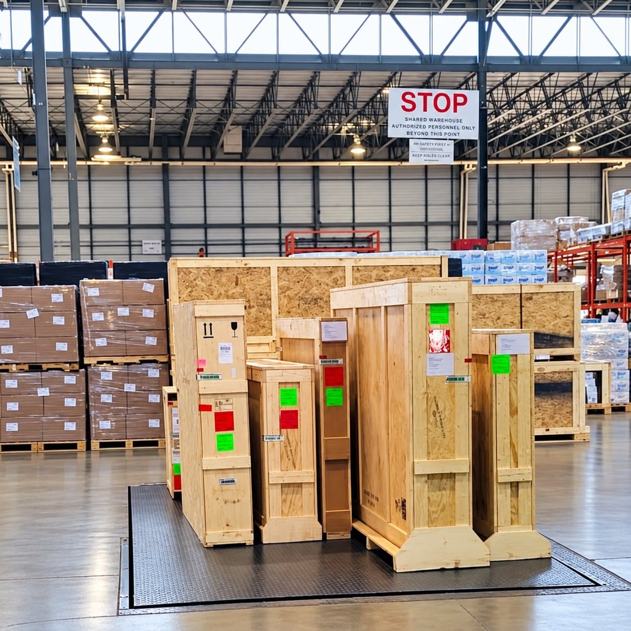 Crates on the scale in the airport cargo warehouse