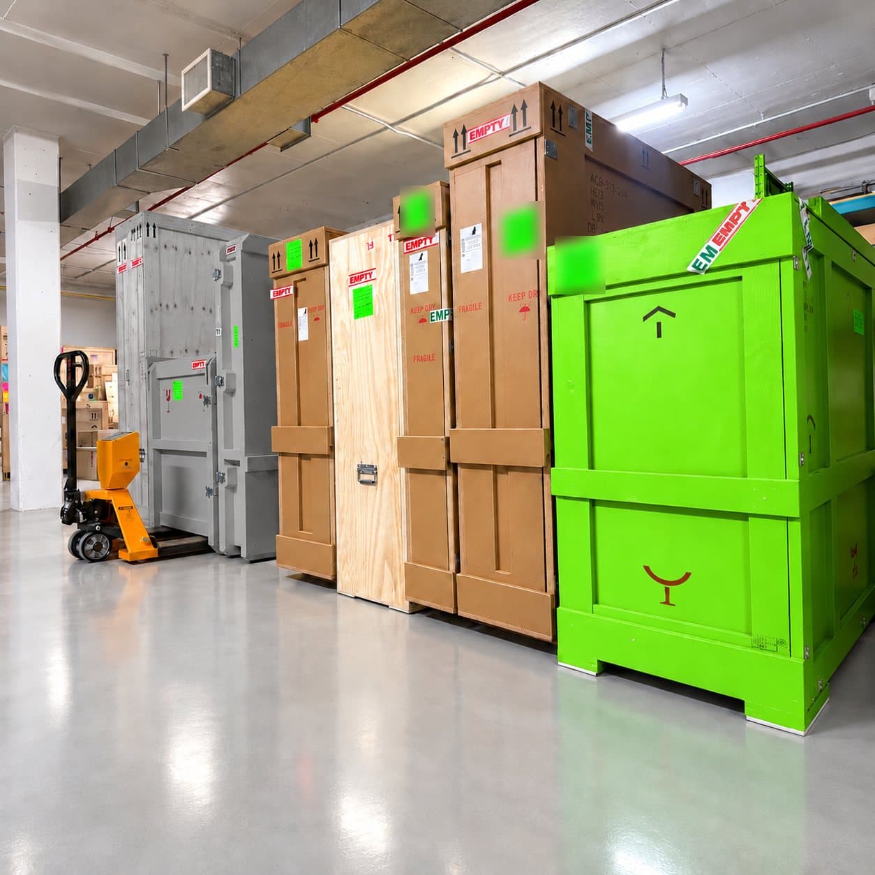 Large travel crates, including a green crate, stored on the vault floor