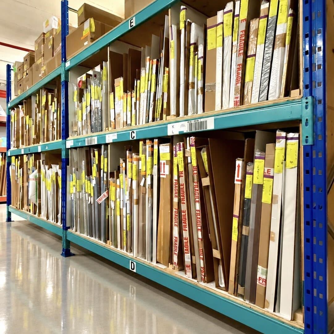 Wrapped and labelled works on numbered racking bays