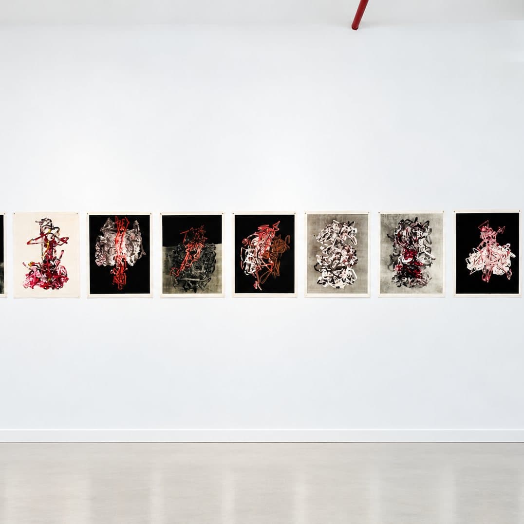 A row of framed works hung in the viewing room